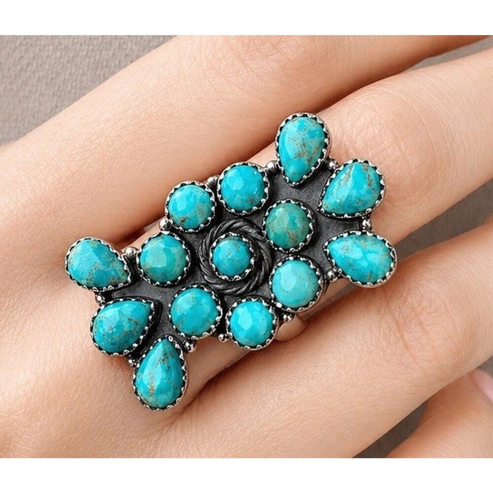 Native Style Turquoise Sterling Silver Cluster Ring Southwest Statement Adjust